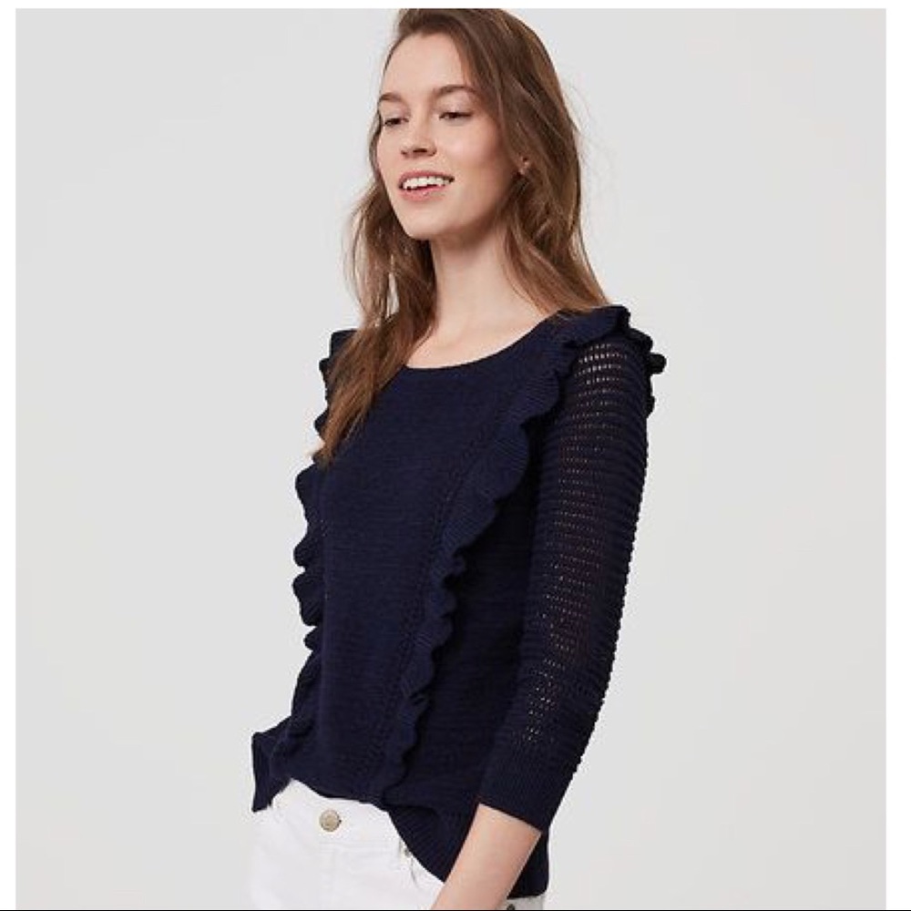 loft • navy blue ruffle sweater • m
